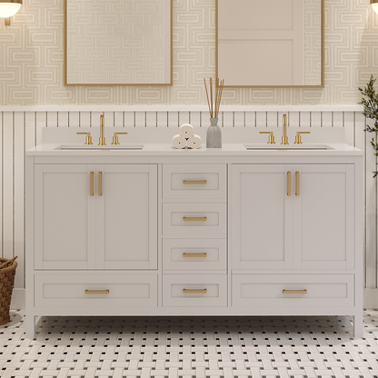 Rooh 60 Inch Solid Wood Bathroom Vanity with Undermount double Rectangle sinks & White Quartz countertop 0.75 inch edge in white