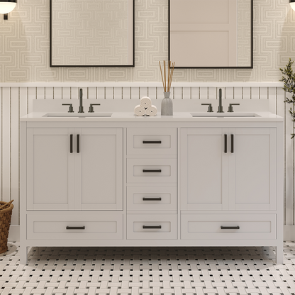 Rooh 60 Inch Solid Wood Bathroom Vanity with Undermount double Rectangle sinks & White Quartz countertop 0.75 inch edge in white