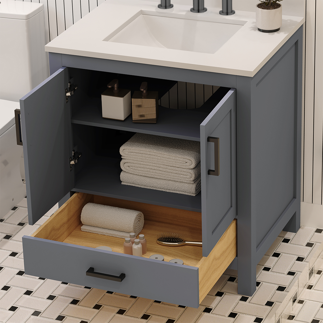 Rooh 30 Inch Solid Wood Bathroom Vanity with Undermount single Rectangle sink & White Quartz countertop 0.75 inch edge in white