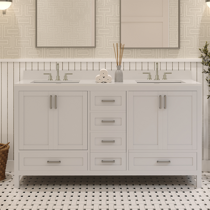 Rooh 60 Inch Solid Wood Bathroom Vanity with Undermount double Rectangle sinks & White Quartz countertop 0.75 inch edge in white
