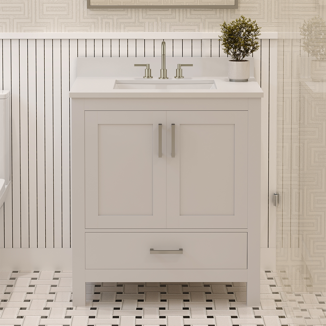 Rooh 30 Inch Solid Wood Bathroom Vanity with Undermount single Rectangle sink & White Quartz countertop 0.75 inch edge in white