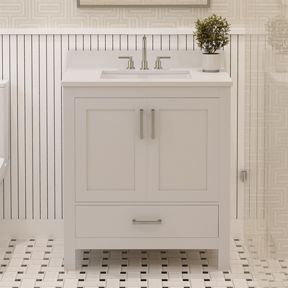 Rooh 30 Inch Solid Wood Bathroom Vanity with Undermount single Rectangle sink & White Quartz countertop 0.75 inch edge in white