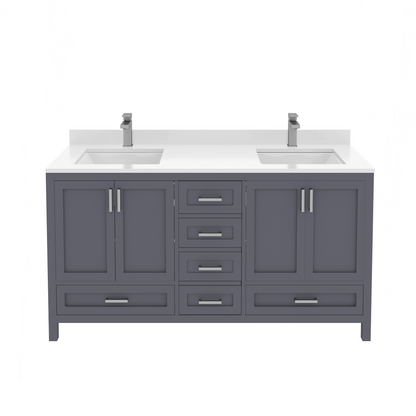 Rooh 60 Inch Solid Wood Bathroom Vanity with Undermount double Rectangle sinks & White Quartz countertop 0.75 inch edge in white