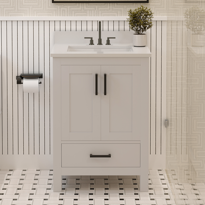 Rooh 24 Inch Solid Wood Bathroom Vanity with Undermount single Rectangle sink & White Quartz countertop 0.75 inch edge in white