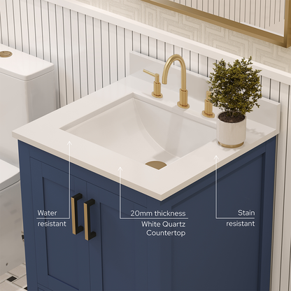 Rooh 24 Inch Solid Wood Bathroom Vanity with Undermount single Rectangle sink & White Quartz countertop 0.75 inch edge in white