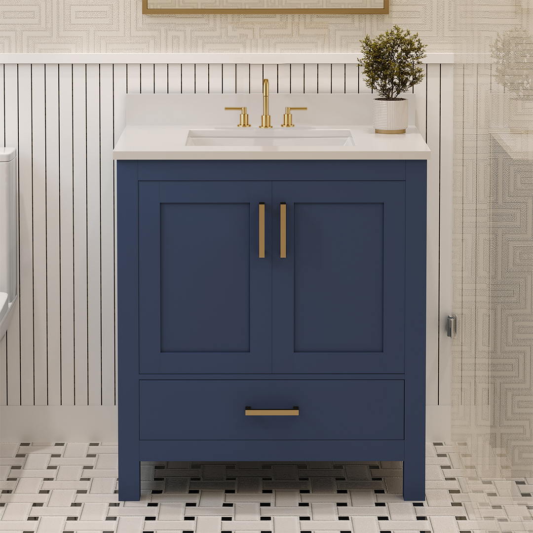 Rooh 30 Inch Solid Wood Bathroom Vanity with Undermount single Rectangle sink & White Quartz countertop 0.75 inch edge in white