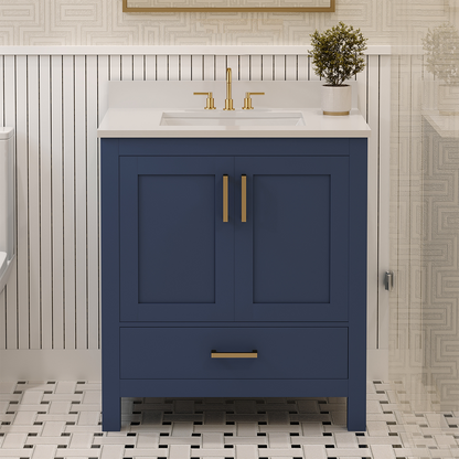 Rooh 30 Inch Solid Wood Bathroom Vanity with Undermount single Rectangle sink & White Quartz countertop 0.75 inch edge in white