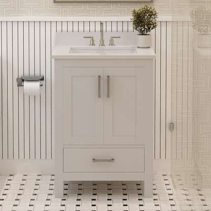 Rooh 24 Inch Solid Wood Bathroom Vanity with Undermount single Rectangle sink & White Quartz countertop 0.75 inch edge in white