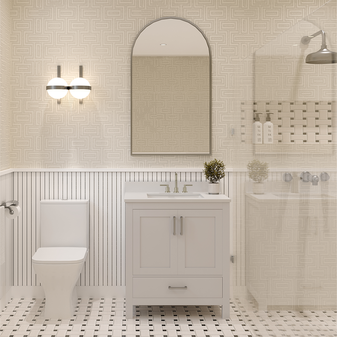 Rooh 30 Inch Solid Wood Bathroom Vanity with Undermount single Rectangle sink & White Quartz countertop 0.75 inch edge in white