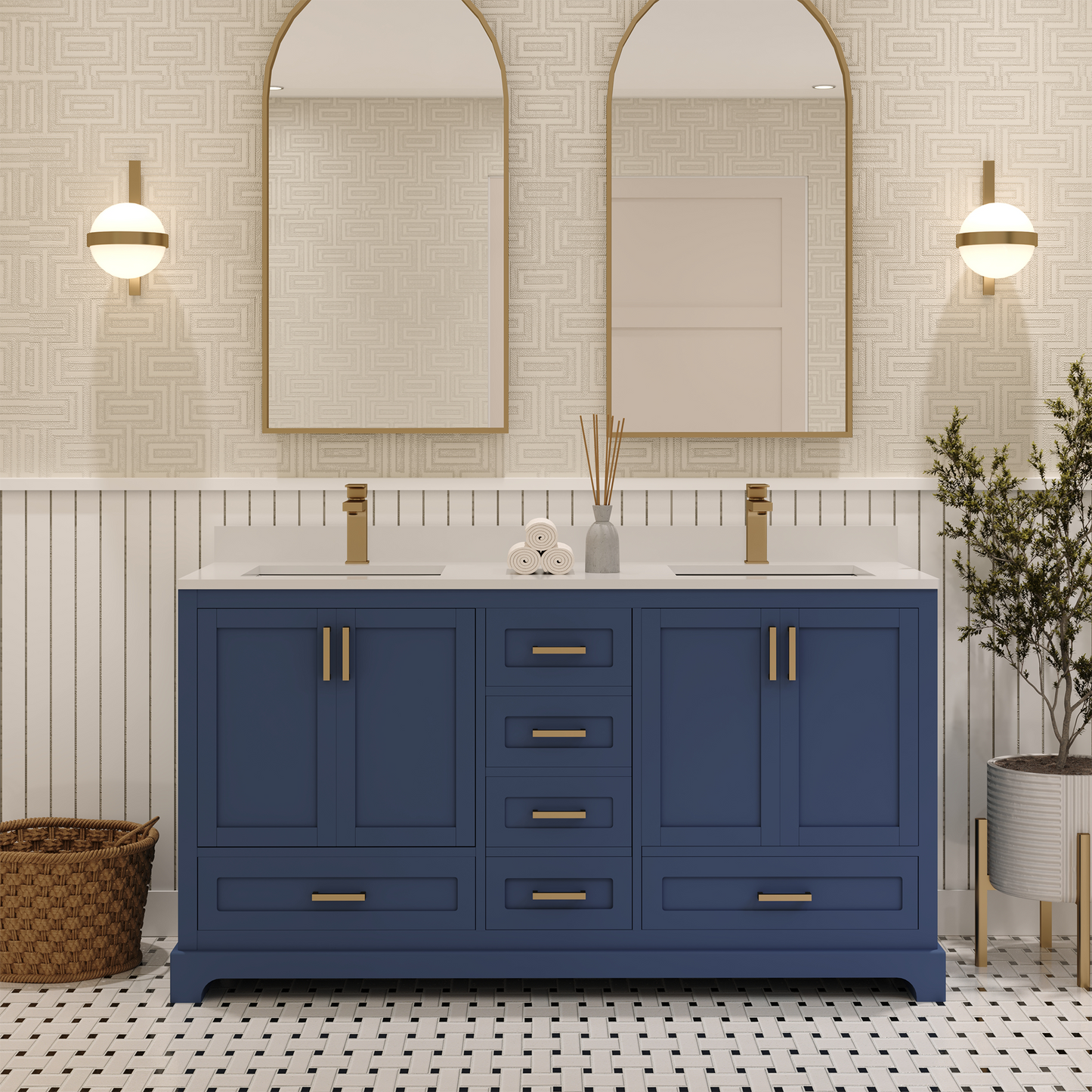 Maya 60 Inch Solid Wood Double Bathroom Vanity with Quartz Countertop
