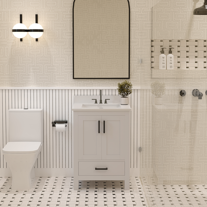 Rooh 24 Inch Solid Wood Bathroom Vanity with Undermount single Rectangle sink & White Quartz countertop 0.75 inch edge in white