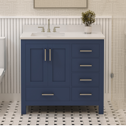 Rooh 36 Inch Left Solid Wood Single Bathroom Vanity with Undermount single Rectangle sink & White Quartz countertop 0.75 inch edge in white
