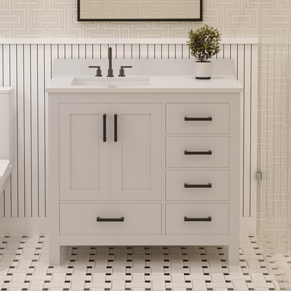 Rooh 36 Inch Left Solid Wood Single Bathroom Vanity with Undermount single Rectangle sink & White Quartz countertop 0.75 inch edge in white
