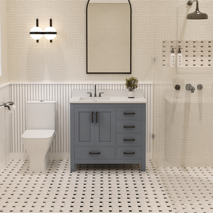 Rooh 36 Inch Left Solid Wood Single Bathroom Vanity with Undermount single Rectangle sink & White Quartz countertop 0.75 inch edge in white
