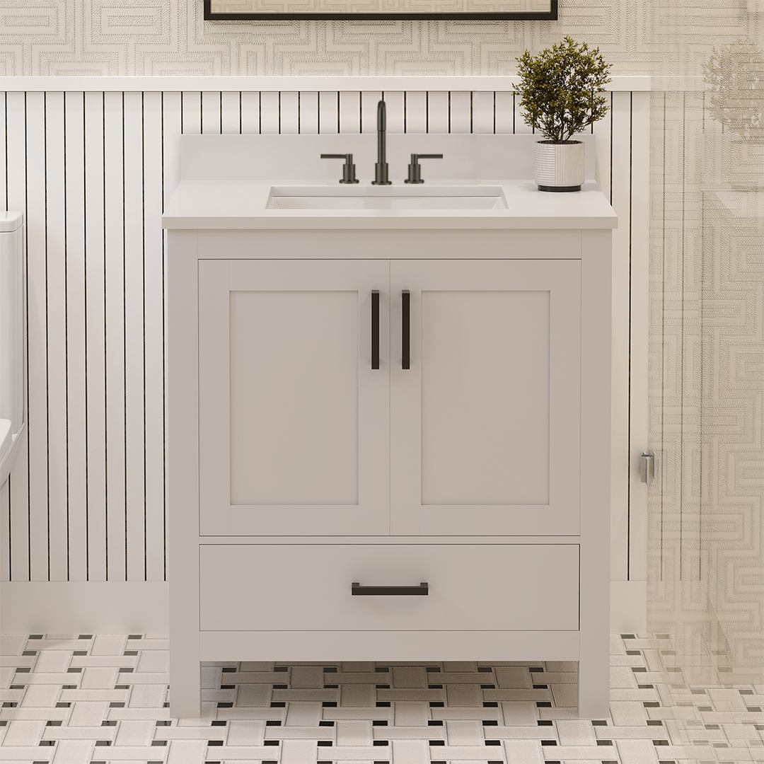 Rooh 30 Inch Solid Wood Bathroom Vanity with Undermount single Rectangle sink & White Quartz countertop 0.75 inch edge in white