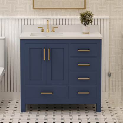Rooh 36 Inch Left Solid Wood Single Bathroom Vanity with Undermount single Rectangle sink & White Quartz countertop 0.75 inch edge in white