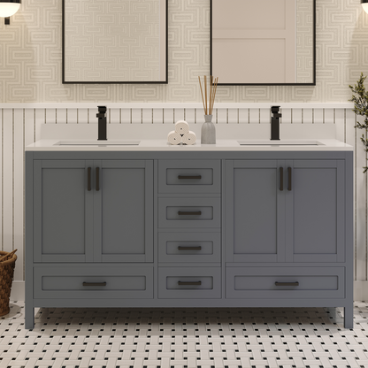 Rooh 60 Inch Solid Wood Bathroom Vanity with Undermount double Rectangle sinks & White Quartz countertop 0.75 inch edge in white
