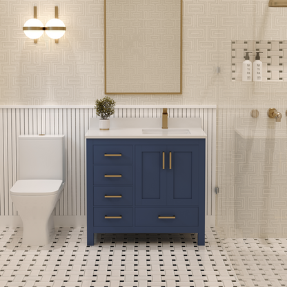Rooh 36 Inch Right Solid Wood Single Bathroom Vanity with Quartz Countertop