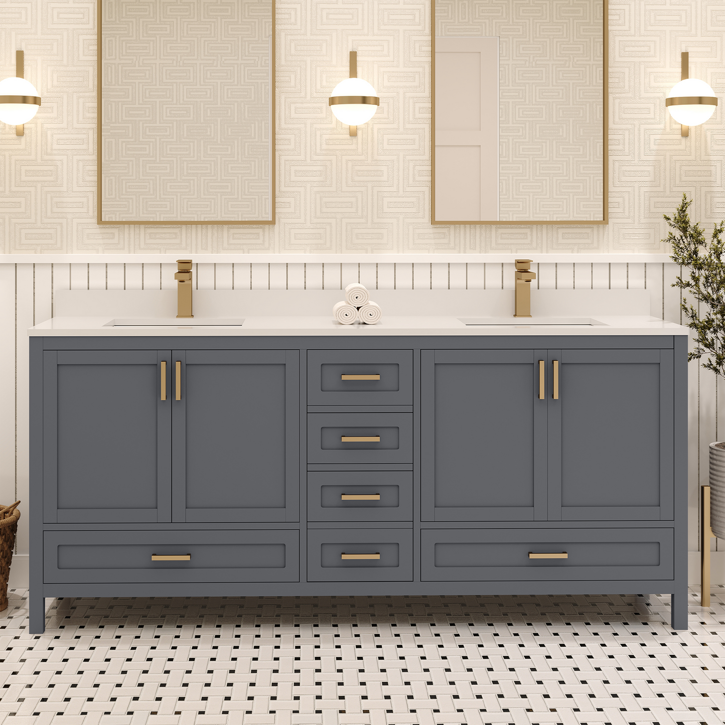 Rooh 72 Inch Solid Wood Bathroom Vanity with Undermount double Rectangle sinks & White Quartz countertop 0.75 inch edge in white