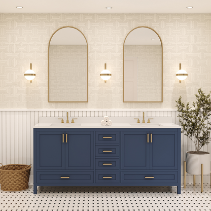 Rooh 72 Inch Solid Wood Bathroom Vanity with Undermount double Rectangle sinks & White Quartz countertop 0.75 inch edge in white