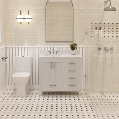 Rooh 36 Inch Left Solid Wood Single Bathroom Vanity with Undermount single Rectangle sink & White Quartz countertop 0.75 inch edge in white