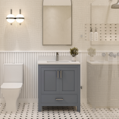 Rooh 30 Inch Solid Wood Bathroom Vanity with Undermount single Rectangle sink & White Quartz countertop 0.75 inch edge in white