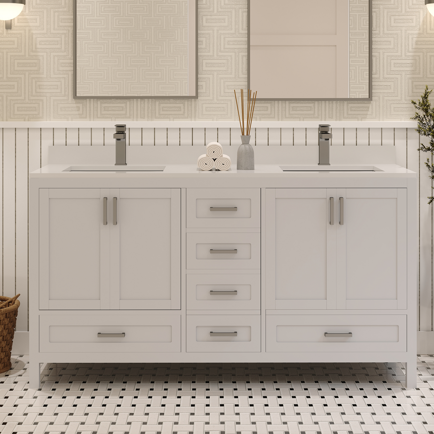 Rooh 60 Inch Solid Wood Bathroom Vanity with Undermount double Rectangle sinks & White Quartz countertop 0.75 inch edge in white