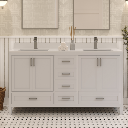 Rooh 60 Inch Solid Wood Bathroom Vanity with Undermount double Rectangle sinks & White Quartz countertop 0.75 inch edge in white