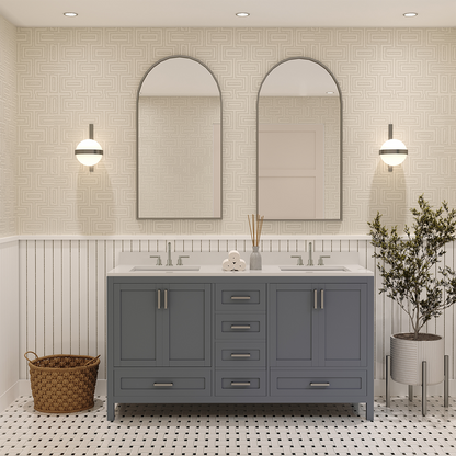 Rooh 60 Inch Solid Wood Bathroom Vanity with Undermount double Rectangle sinks & White Quartz countertop 0.75 inch edge in white