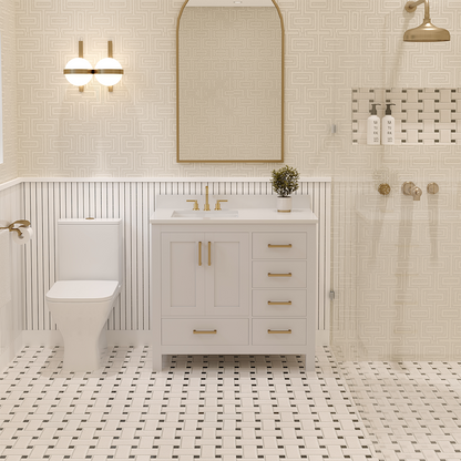 Rooh 36 Inch Left Solid Wood Single Bathroom Vanity with Undermount single Rectangle sink & White Quartz countertop 0.75 inch edge in white