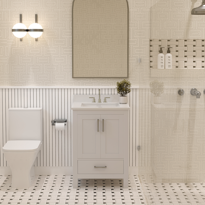 Rooh 24 Inch Solid Wood Bathroom Vanity with Undermount single Rectangle sink & White Quartz countertop 0.75 inch edge in white