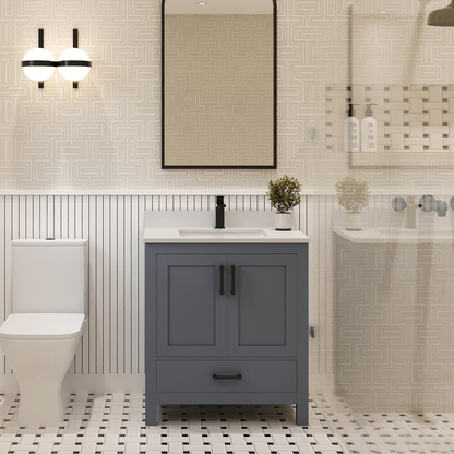 Rooh 30 Inch Solid Wood Bathroom Vanity with Undermount single Rectangle sink & White Quartz countertop 0.75 inch edge in white