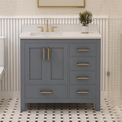 Rooh 36 Inch Left Solid Wood Single Bathroom Vanity with Undermount single Rectangle sink & White Quartz countertop 0.75 inch edge in white