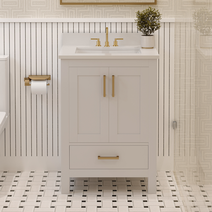 Rooh 24 Inch Solid Wood Bathroom Vanity with Undermount single Rectangle sink & White Quartz countertop 0.75 inch edge in white