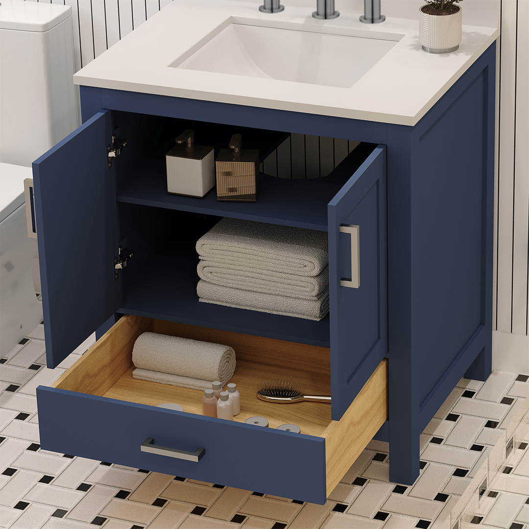 Rooh 30 Inch Solid Wood Bathroom Vanity with Undermount single Rectangle sink & White Quartz countertop 0.75 inch edge in white