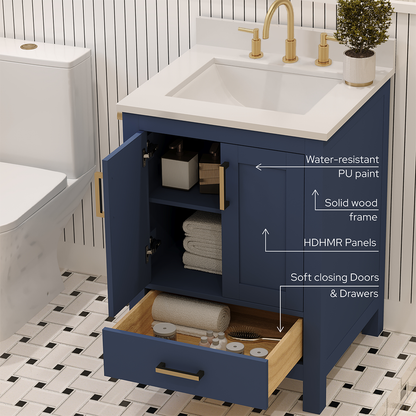 Rooh 24 Inch Solid Wood Bathroom Vanity with Undermount single Rectangle sink & White Quartz countertop 0.75 inch edge in white