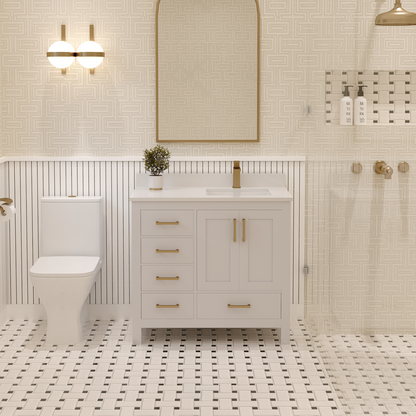 Rooh 36 Inch Right Solid Wood Single Bathroom Vanity with Quartz Countertop