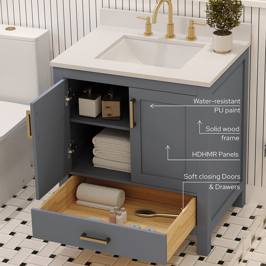 Rooh 30 Inch Solid Wood Bathroom Vanity with Undermount single Rectangle sink & White Quartz countertop 0.75 inch edge in white