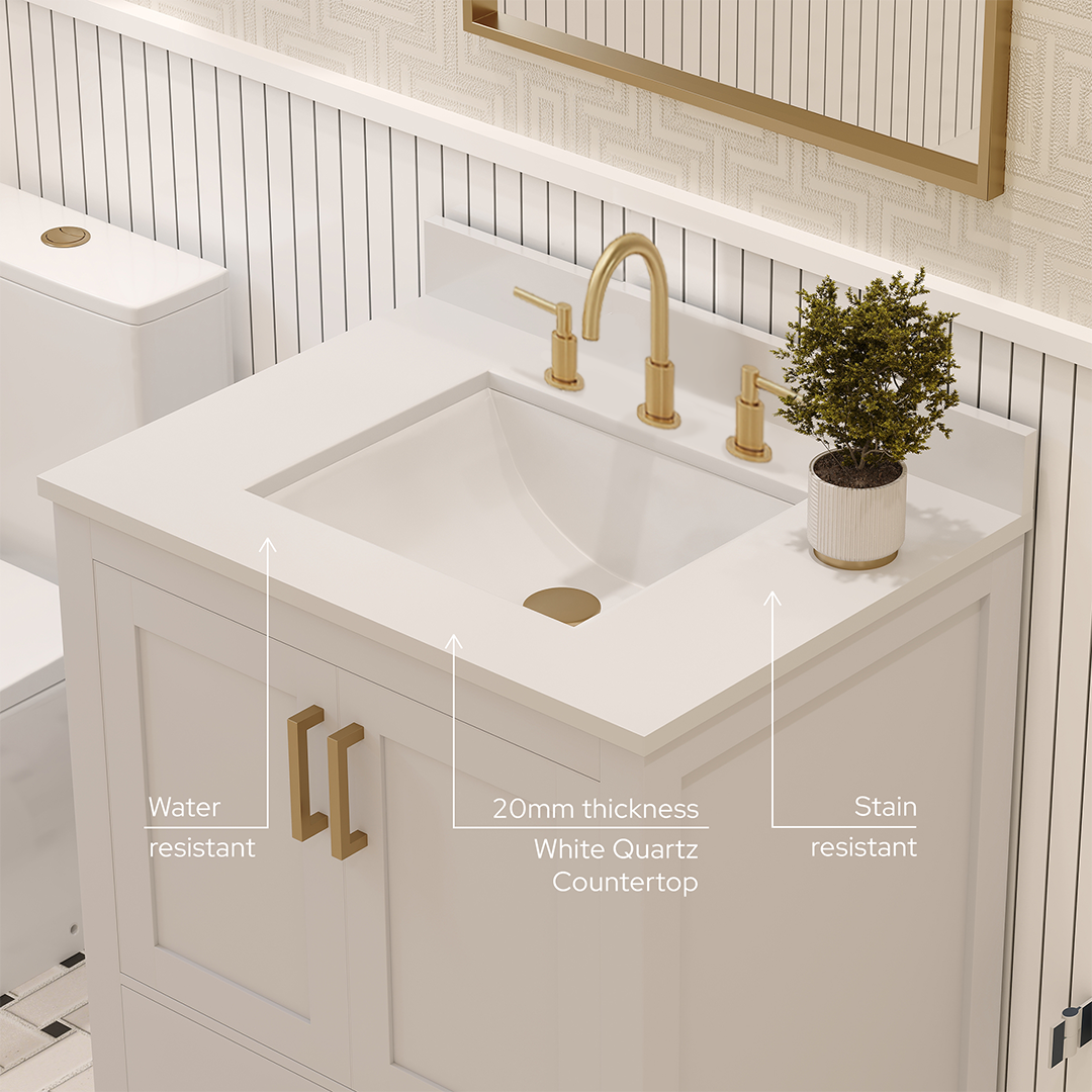 Rooh 30 Inch Solid Wood Bathroom Vanity with Undermount single Rectangle sink & White Quartz countertop 0.75 inch edge in white