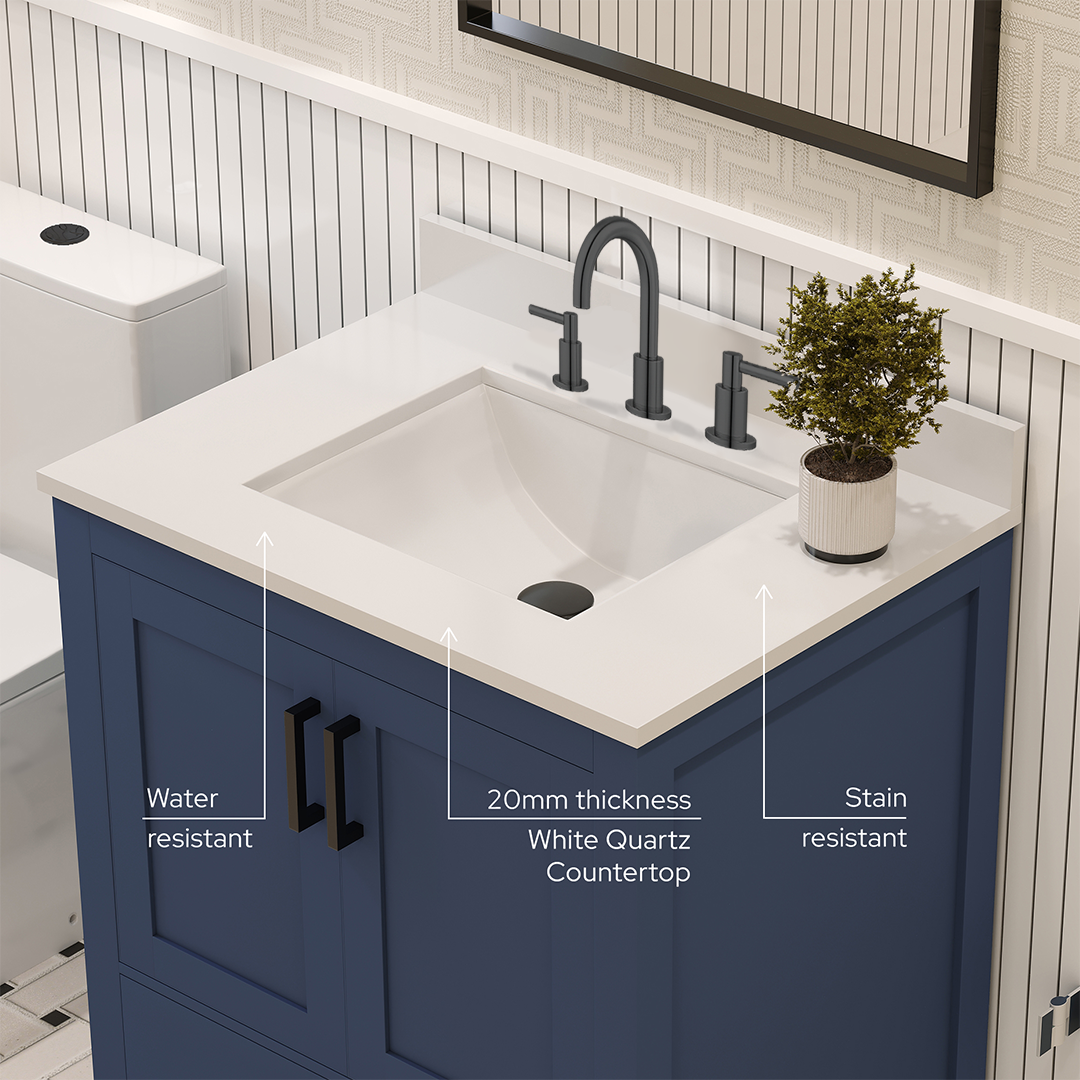 Rooh 30 Inch Solid Wood Bathroom Vanity with Undermount single Rectangle sink & White Quartz countertop 0.75 inch edge in white