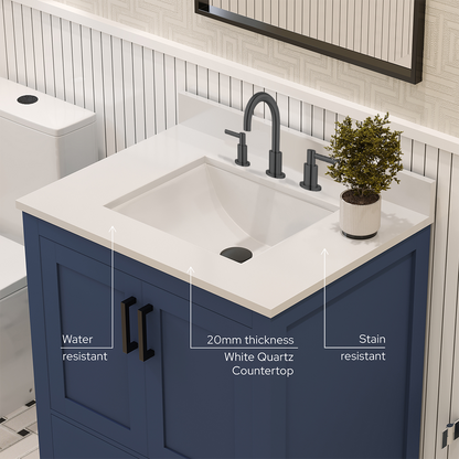 Rooh 30 Inch Solid Wood Bathroom Vanity with Undermount single Rectangle sink & White Quartz countertop 0.75 inch edge in white