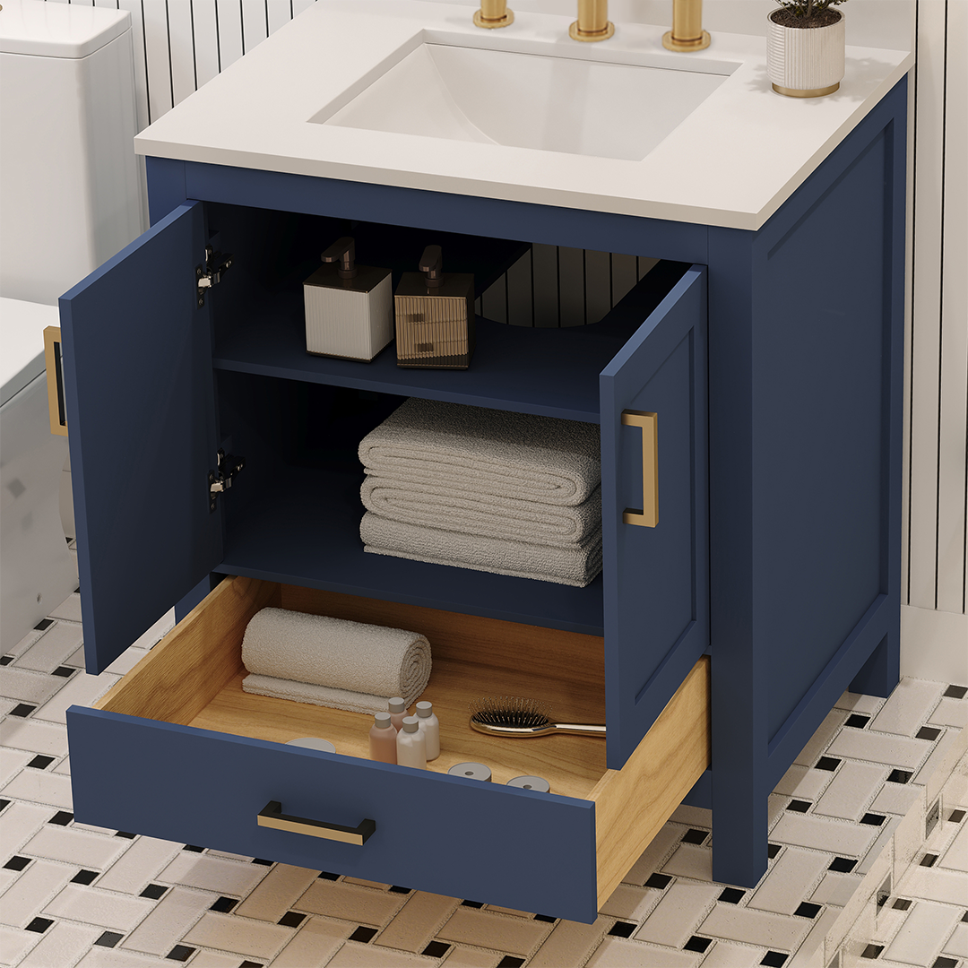 Rooh 30 Inch Solid Wood Bathroom Vanity with Undermount single Rectangle sink & White Quartz countertop 0.75 inch edge in white
