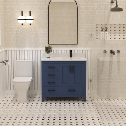 Rooh 36 Inch Right Solid Wood Single Bathroom Vanity with Quartz Countertop
