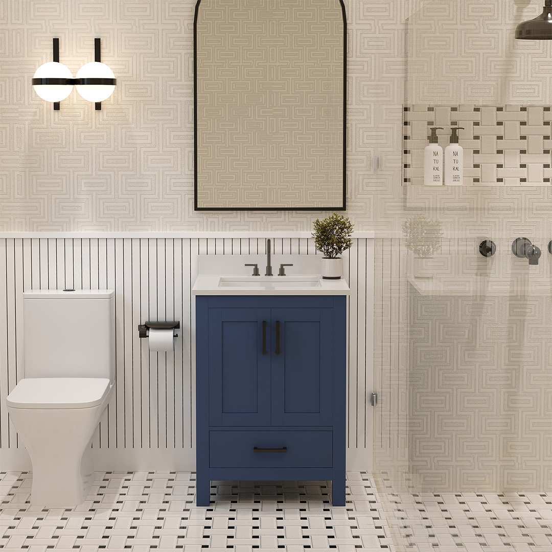 Rooh 24 Inch Solid Wood Bathroom Vanity with Undermount single Rectangle sink & White Quartz countertop 0.75 inch edge in white