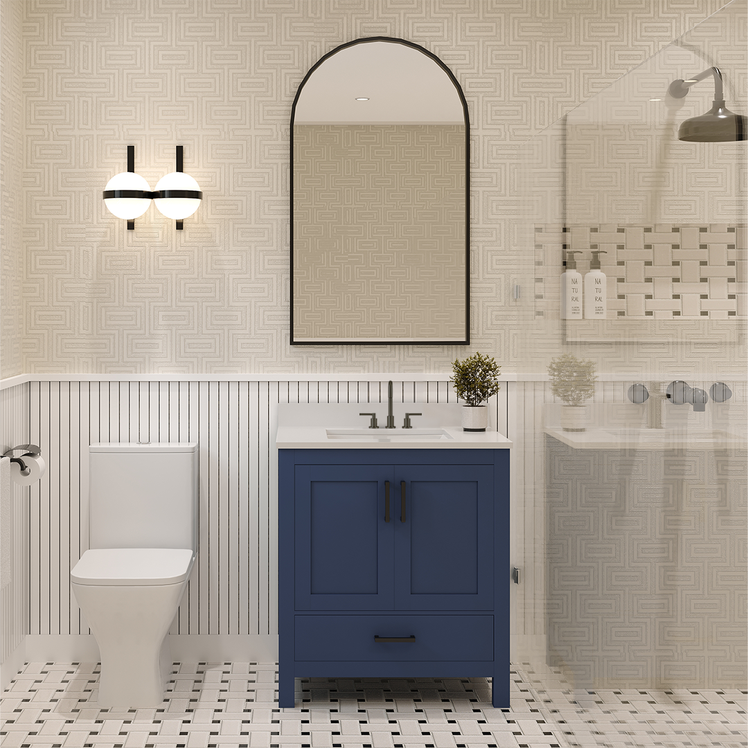 Rooh 30 Inch Solid Wood Bathroom Vanity with Undermount single Rectangle sink & White Quartz countertop 0.75 inch edge in white