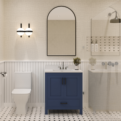 Rooh 30 Inch Solid Wood Bathroom Vanity with Undermount single Rectangle sink & White Quartz countertop 0.75 inch edge in white