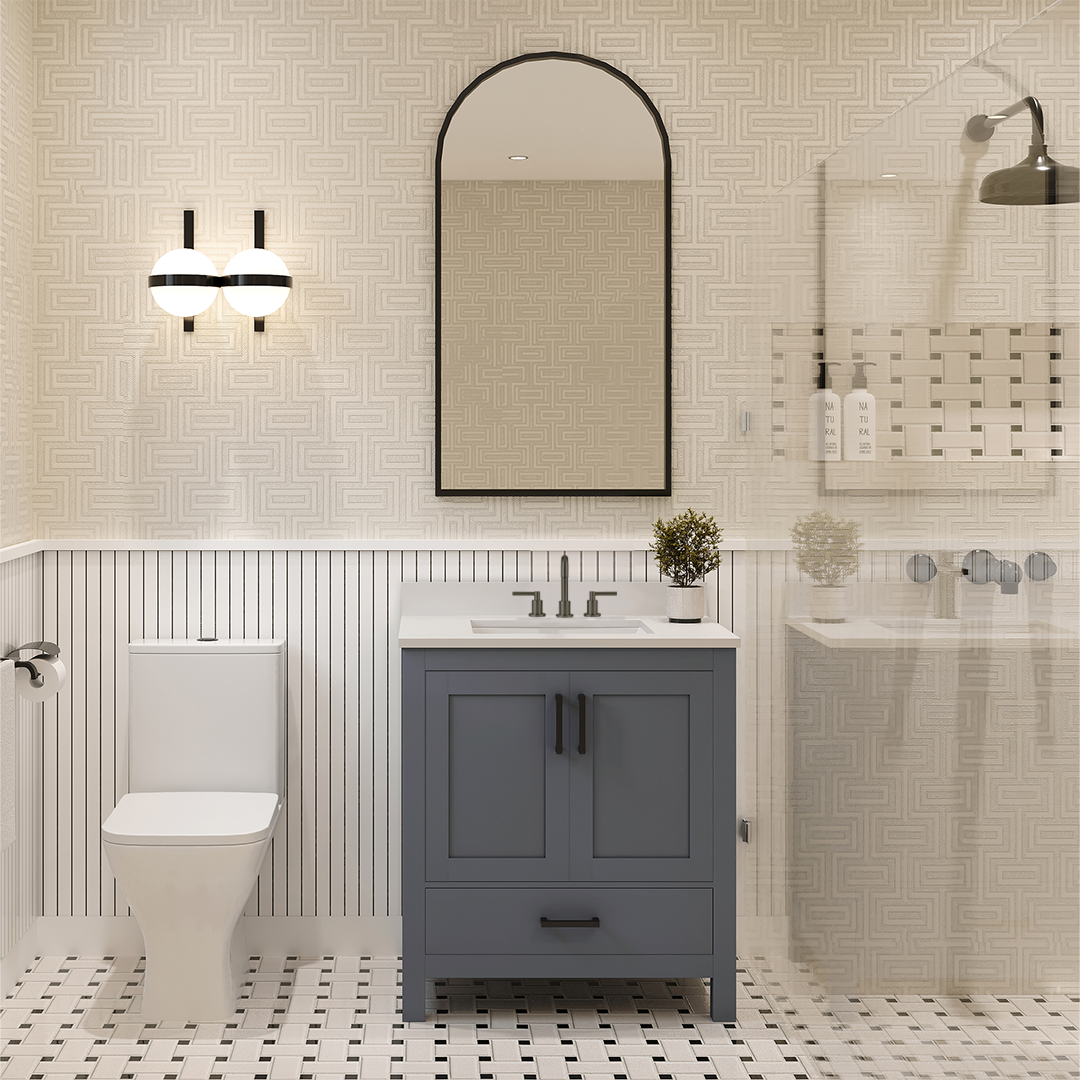 Rooh 30 Inch Solid Wood Bathroom Vanity with Undermount single Rectangle sink & White Quartz countertop 0.75 inch edge in white