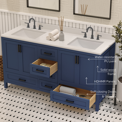 Rooh 60 Inch Solid Wood Bathroom Vanity with Undermount double Rectangle sinks & White Quartz countertop 0.75 inch edge in white