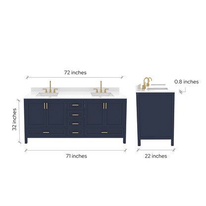 Rooh 72 Inch Solid Wood Bathroom Vanity with Undermount double Rectangle sinks & White Quartz countertop 0.75 inch edge in white