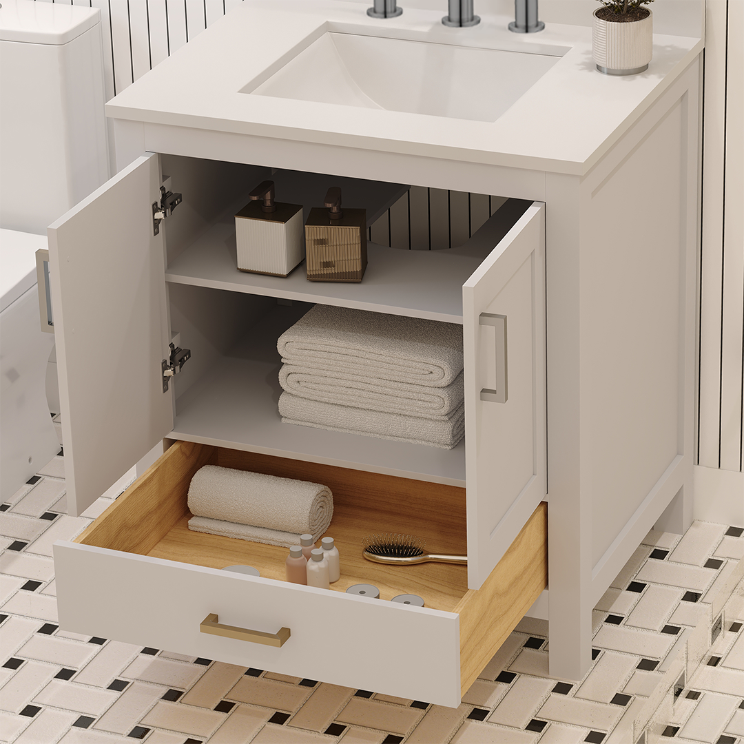 Rooh 30 Inch Solid Wood Bathroom Vanity with Undermount single Rectangle sink & White Quartz countertop 0.75 inch edge in white